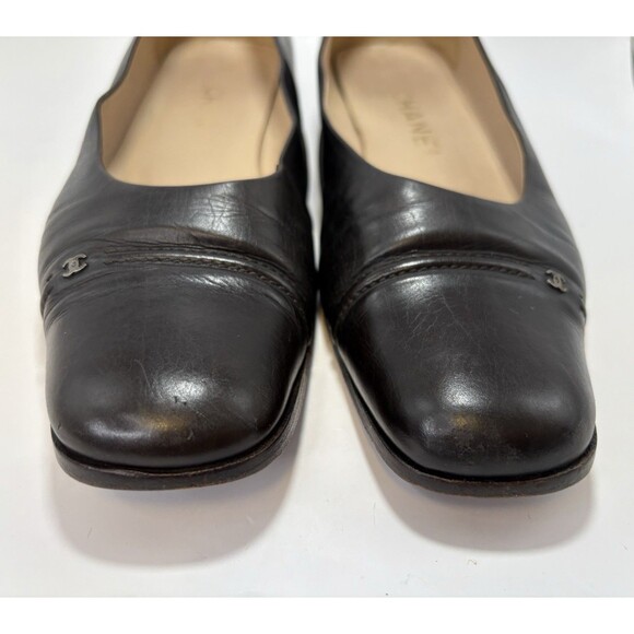 Chanel Square Toe Low Heel Black Leather Classic CC Logo Pumps EU Sz 35.5 5.5 - Picture 5 of 12